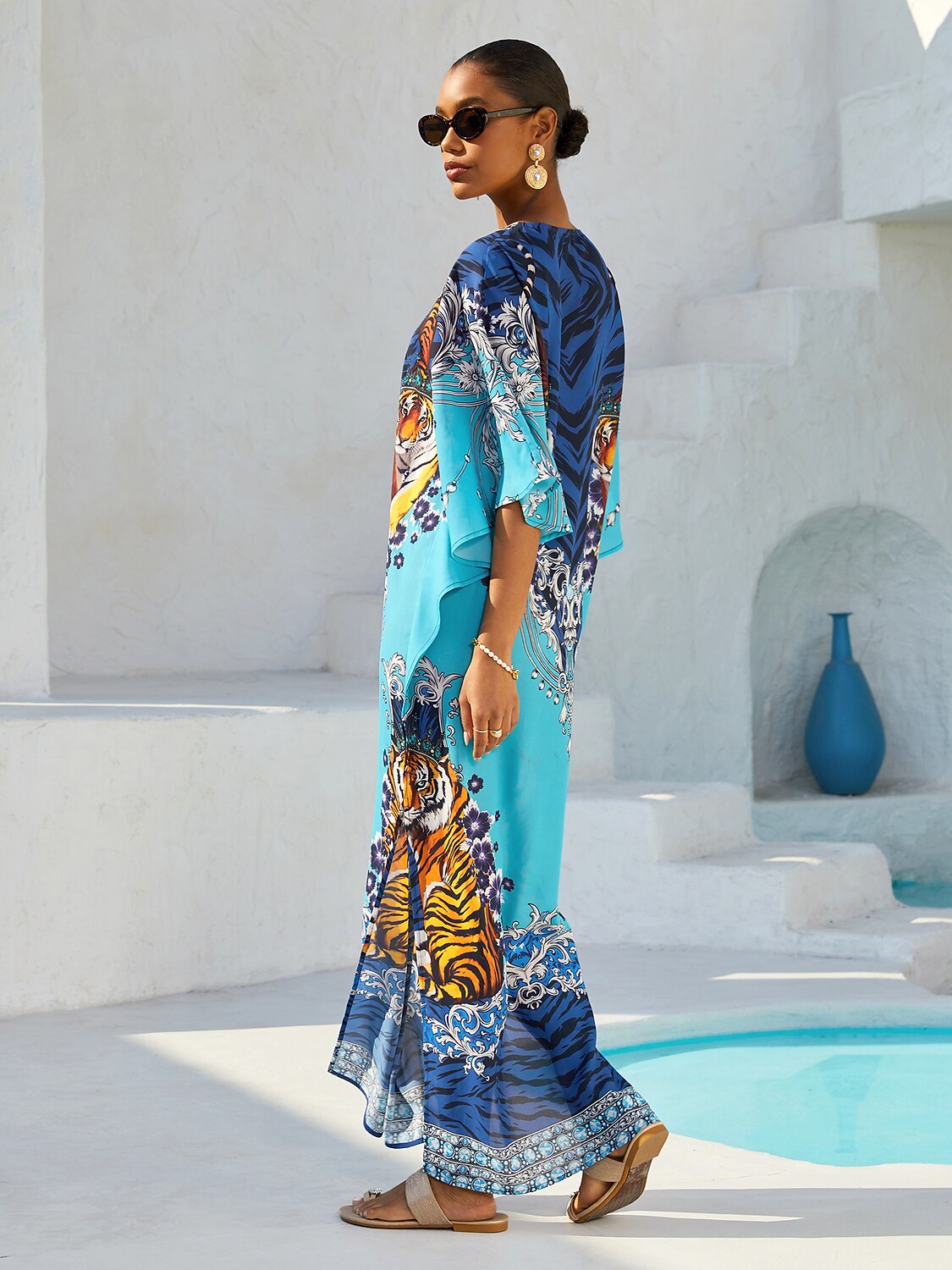 Mallorca Blossom Flowy Chiffon Dolman Sleeve Maxi Dress
