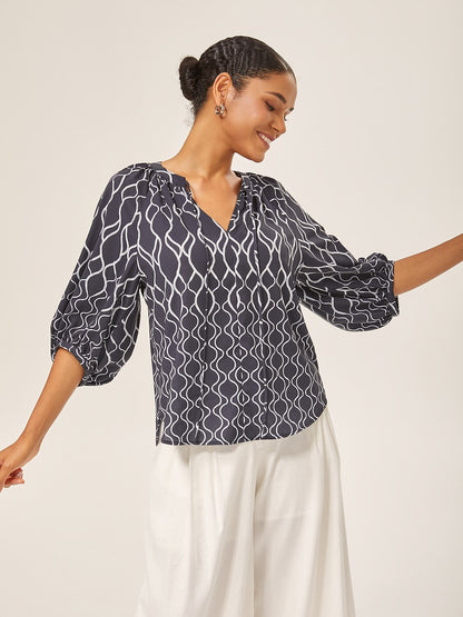 Monochrome Print Lantern Sleeve Top