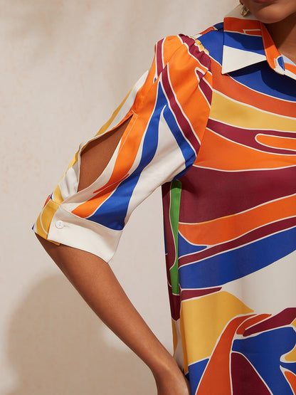 Vacation Geometric Color Block Pattern Straight Satin Shirt Dress