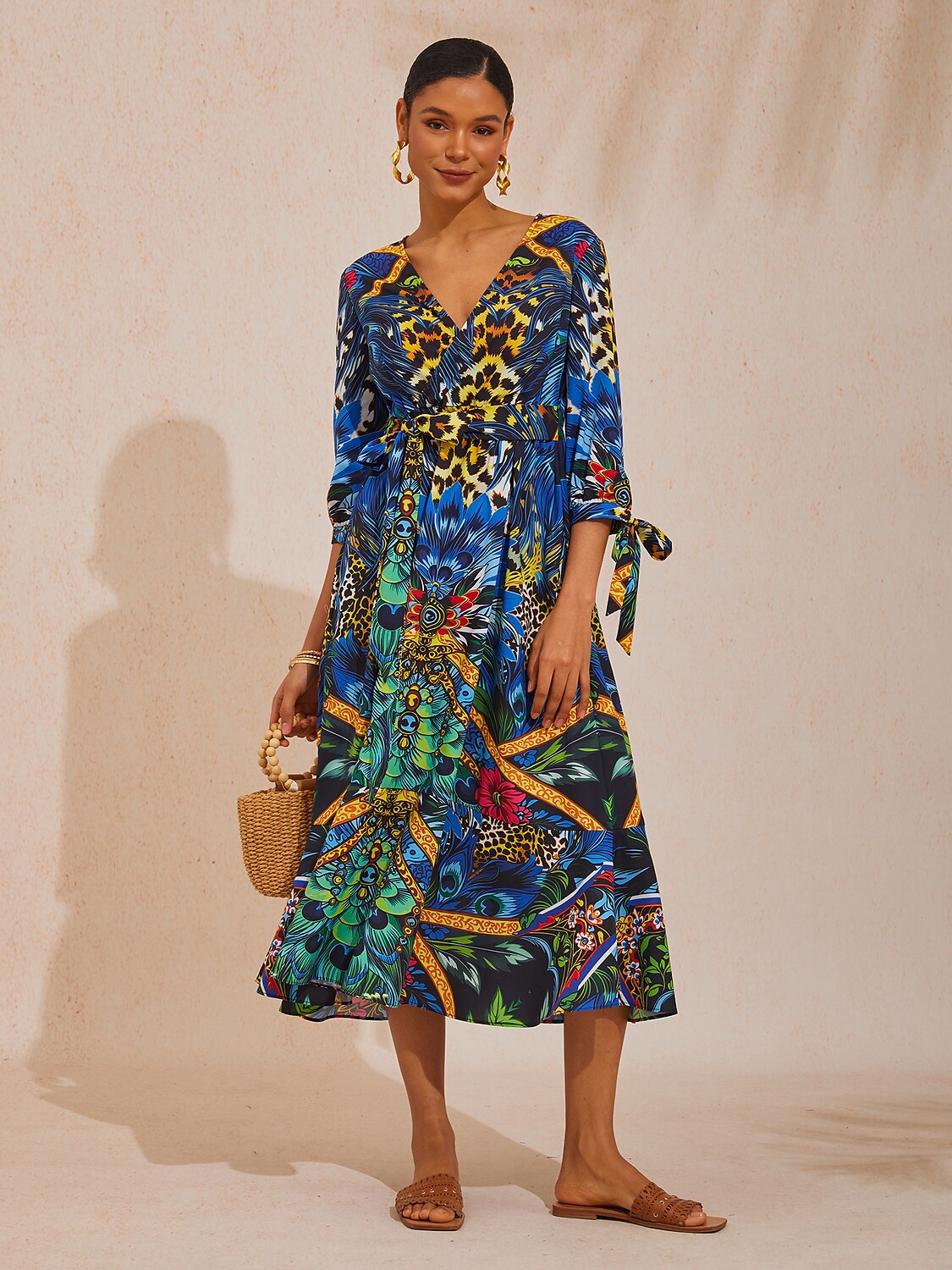Vacation Jungle Peacock Print Fitted Waist Cotton Feel Maxi Dress