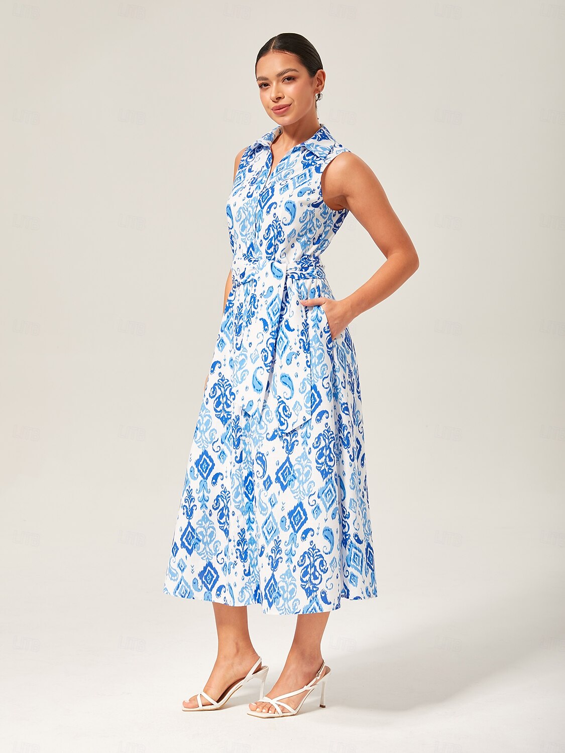 Monochrome Print Linen Look Midi Shirt Dress