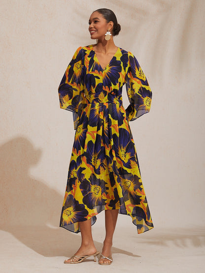 Vacation Abstract Floral Print Waist-defined Chiffon Maxi Dress