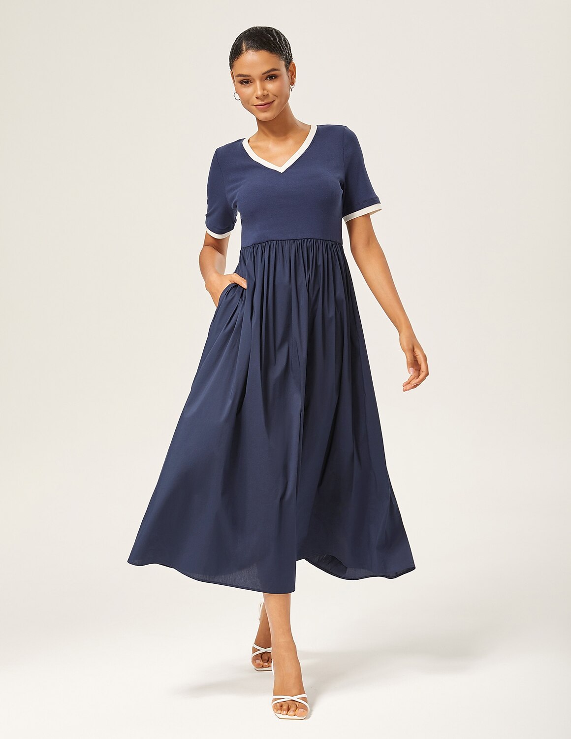 Navy Blue Cotton Knit-Woven Panel Dress