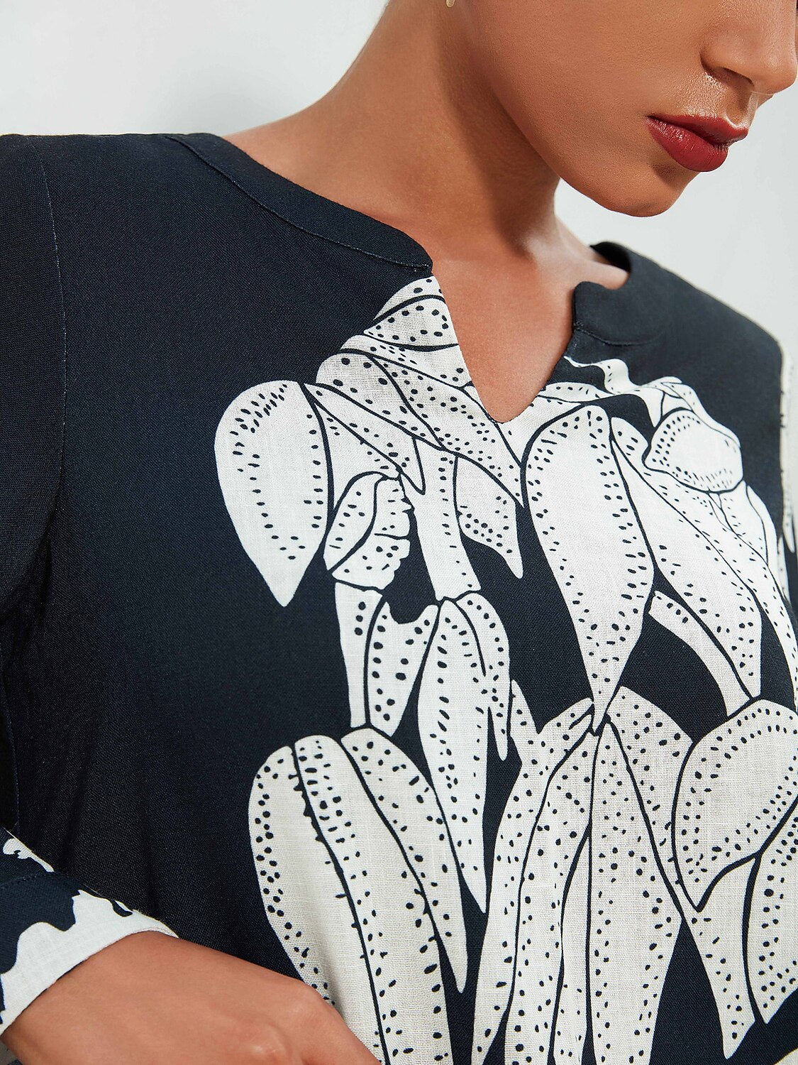 Linen Like Vacation Botanical Print V-Neck Maxi Dress