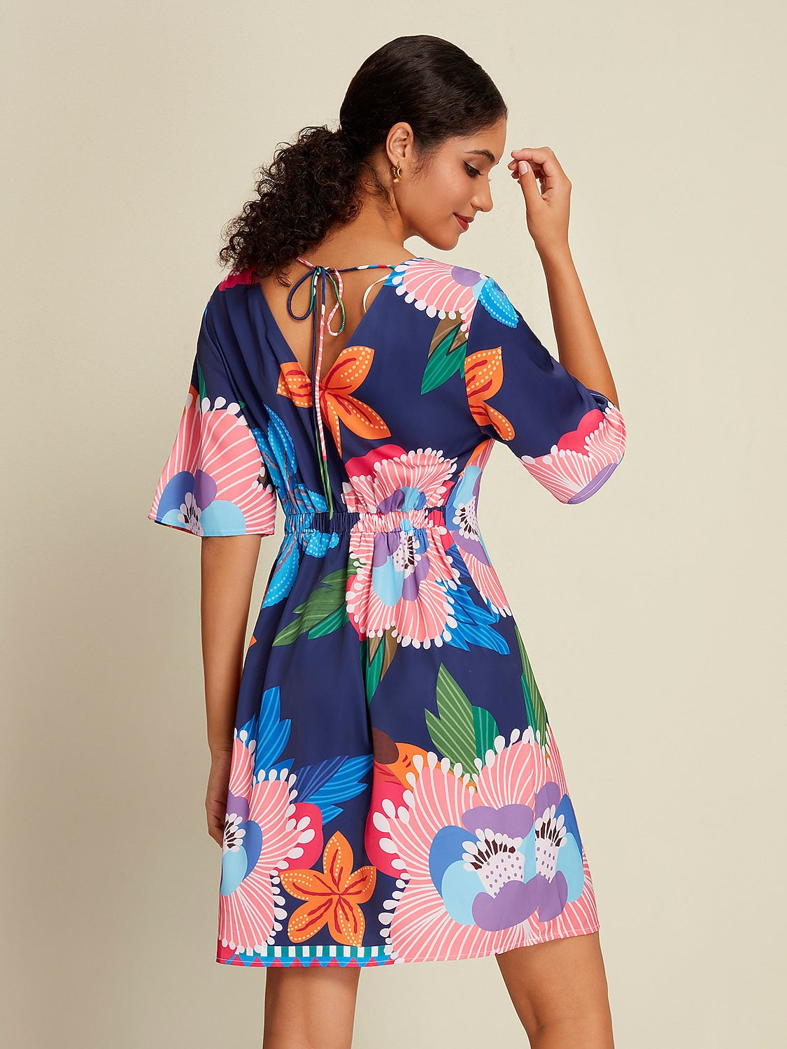 Satin Mini Dress  Floral Print Straight Fit Slimming Elastic Back     Dress