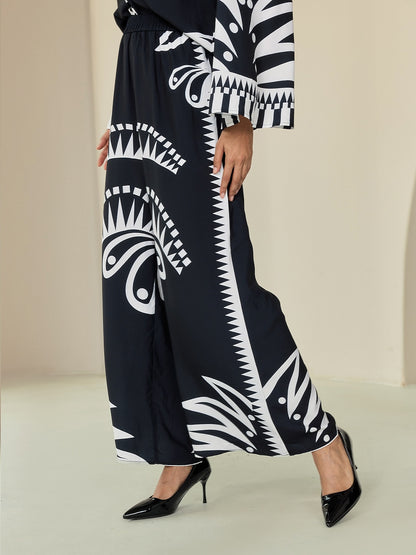 Wide Leg Pants Black Satin Full Length Printing