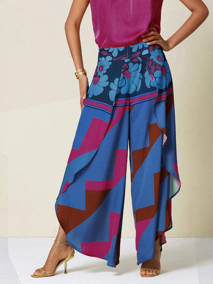 Satin Geometric Print Swing Full Length Micro-Elastic Pants