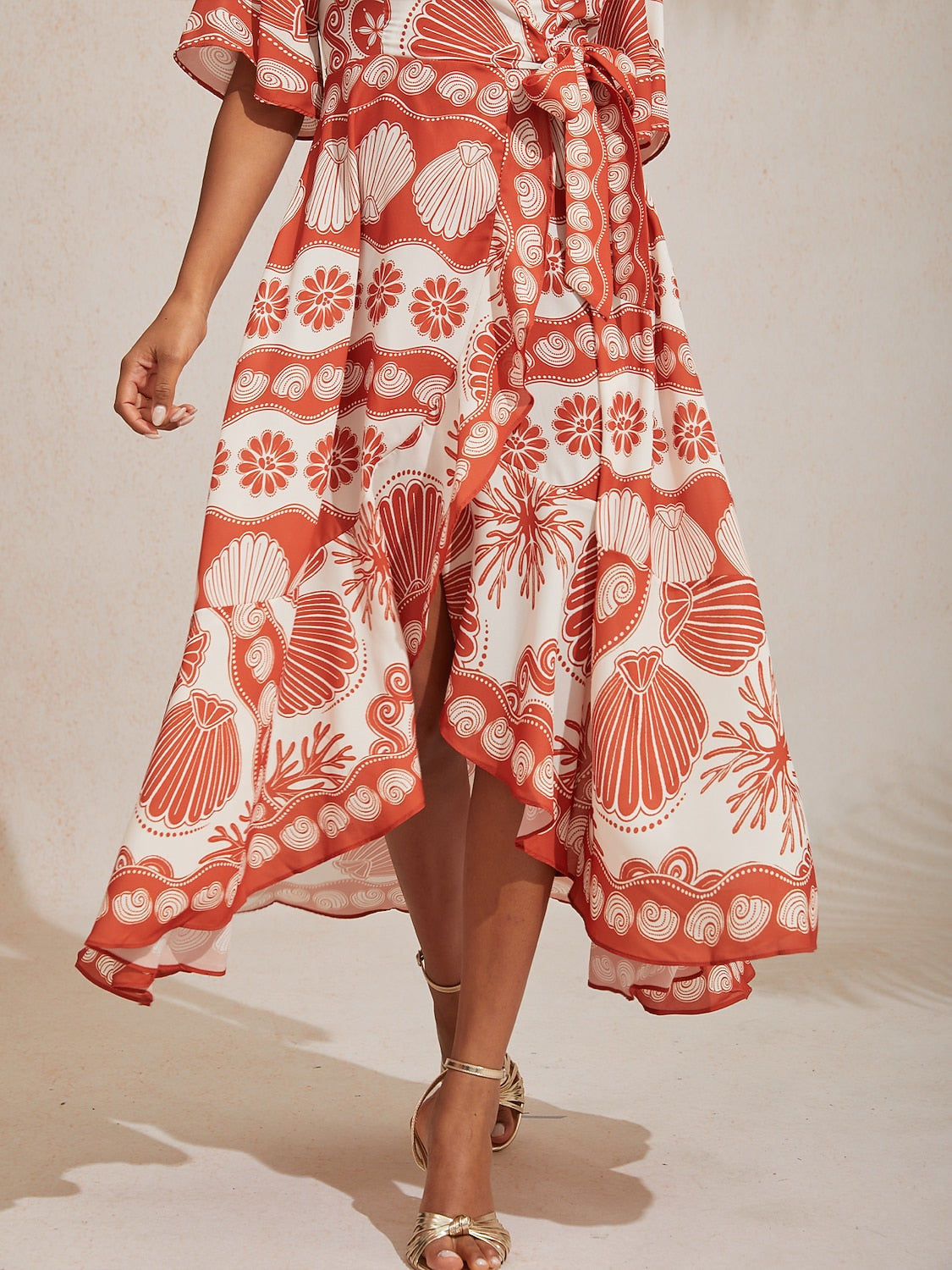 Ocean Elements Print Vacation Style Satin V-Neck Dress