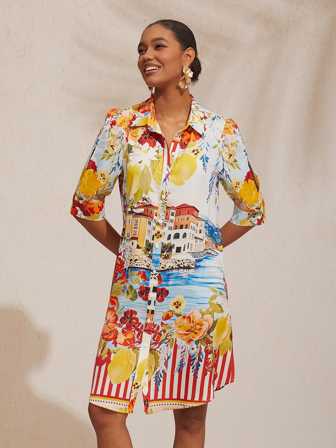 Vacation Scenic Floral Print Straight Satin Shirt Dress