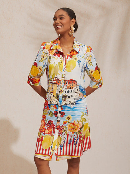 Vacation Scenic Floral Print Straight Satin Shirt Dress