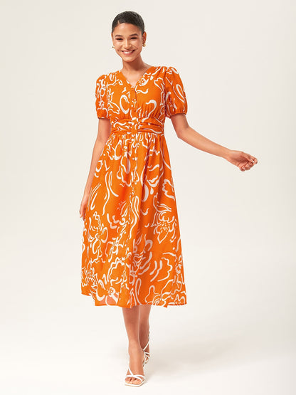 Abstract art print Linen-Like Fabric Waist-Cinching Maxi Dress