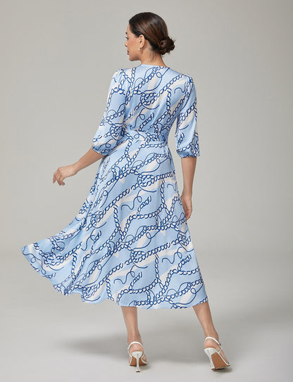 Chain Block Pattern Cross Tie Satin Maxi Dress