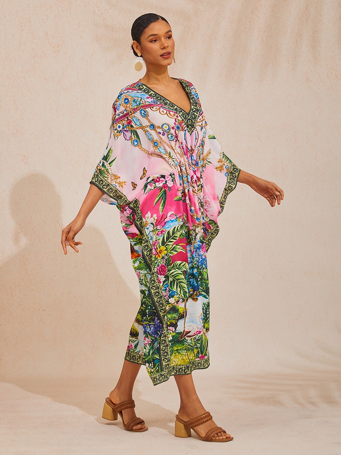 Vacation Floral Chain Print Dolman Sleeve Chiffon Maxi Dress
