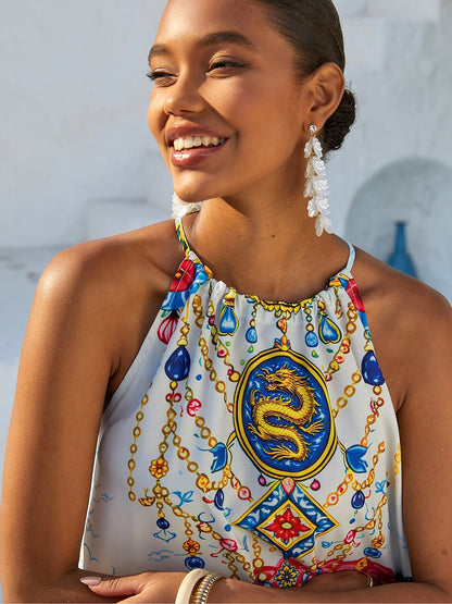 Vacation Vintage Patchwork Motif Sleeveless Drawstring Satin Maxi Dress