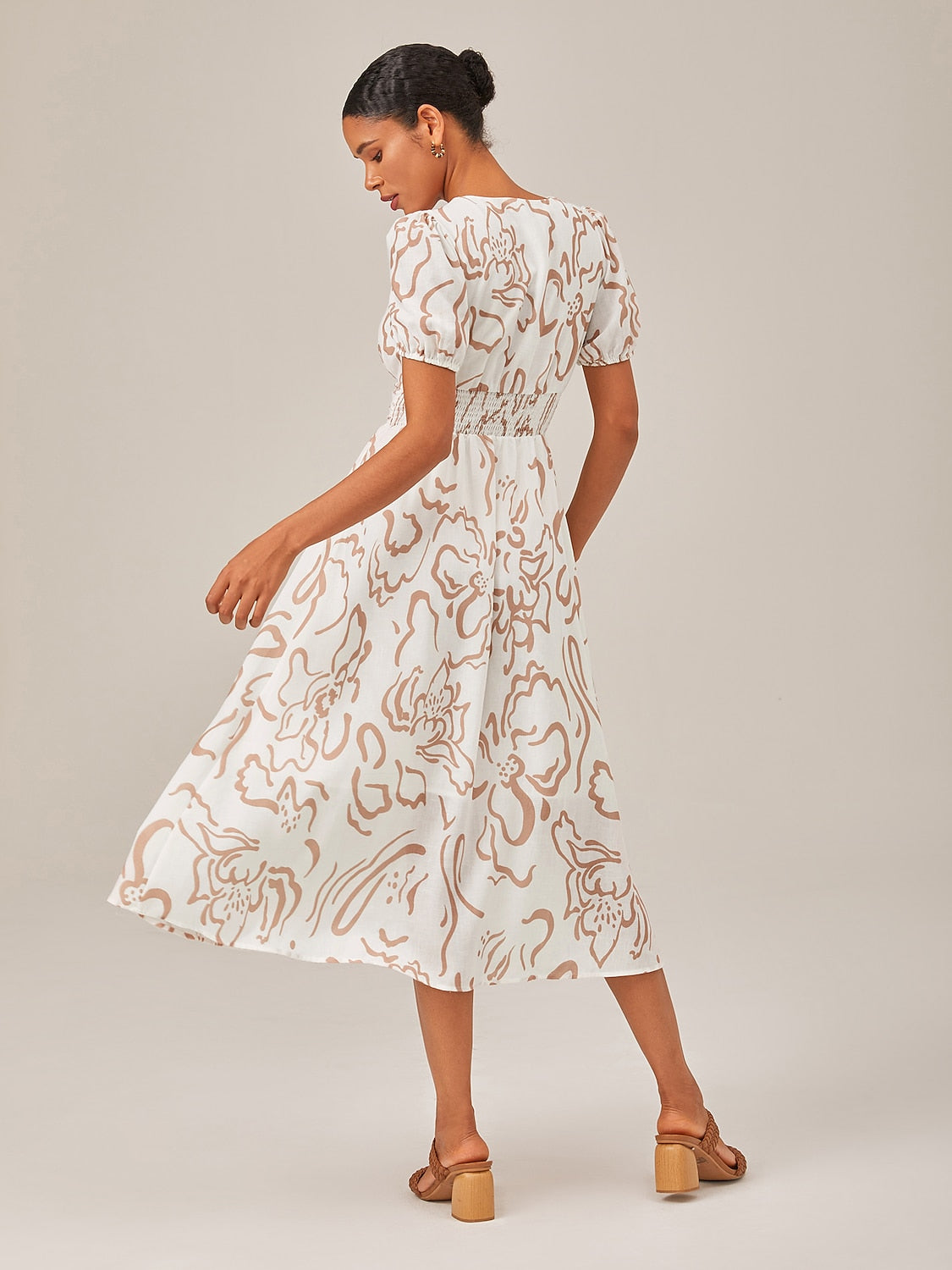 Abstract art print Linen-Like Fabric Waist-Cinching Maxi Dress