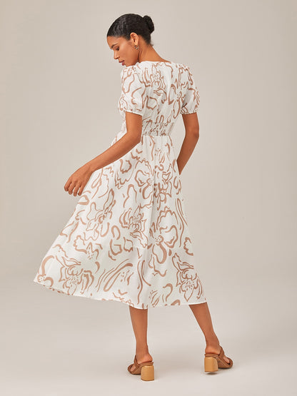 Abstract art print Linen-Like Fabric Waist-Cinching Maxi Dress