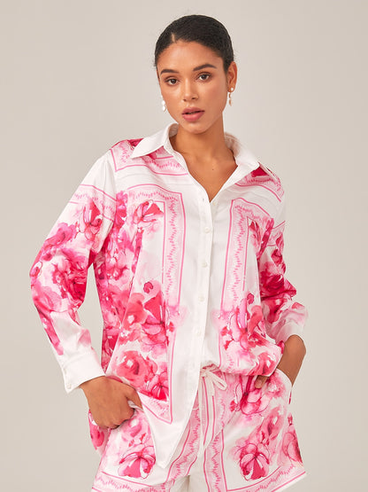 Satin Floral Print Straight-Cut Stand Collar Shirt