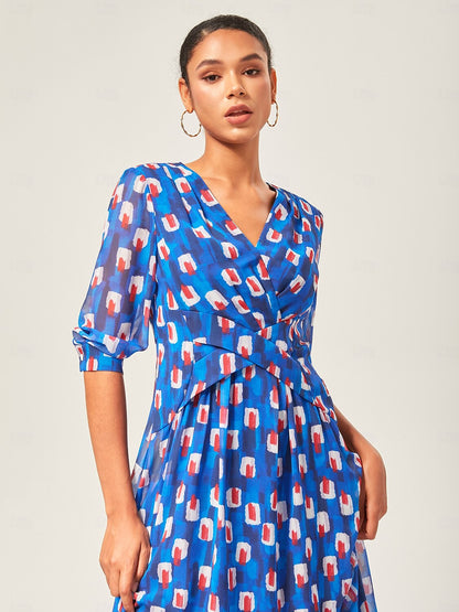 Geometric Color-Block Chiffon Maxi Dress