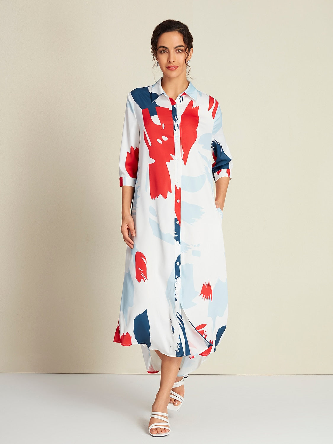 Satin Rainbow Block Pattern Maxi Shirt Dress