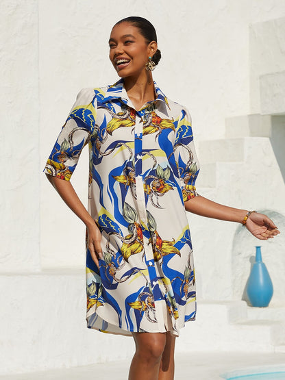 Vacation Scenic Floral Print Straight Satin Shirt Dress