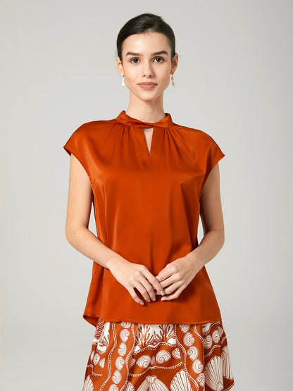 Orange Stand-Up Collar Sleeveless Knotted Top