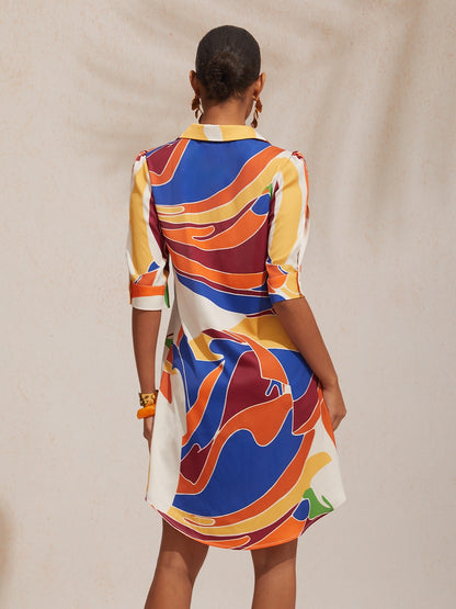 Vacation Geometric Color Block Pattern Straight Satin Shirt Dress