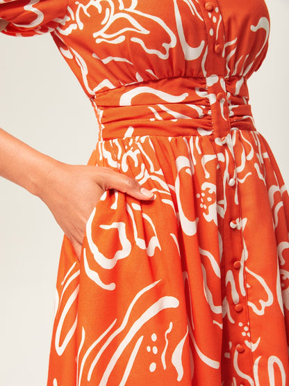 Abstract Art Print Linen-Like Waist-Cinching Maxi Dress