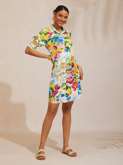 Vacation Scenic Floral Print Straight Satin Shirt Dress