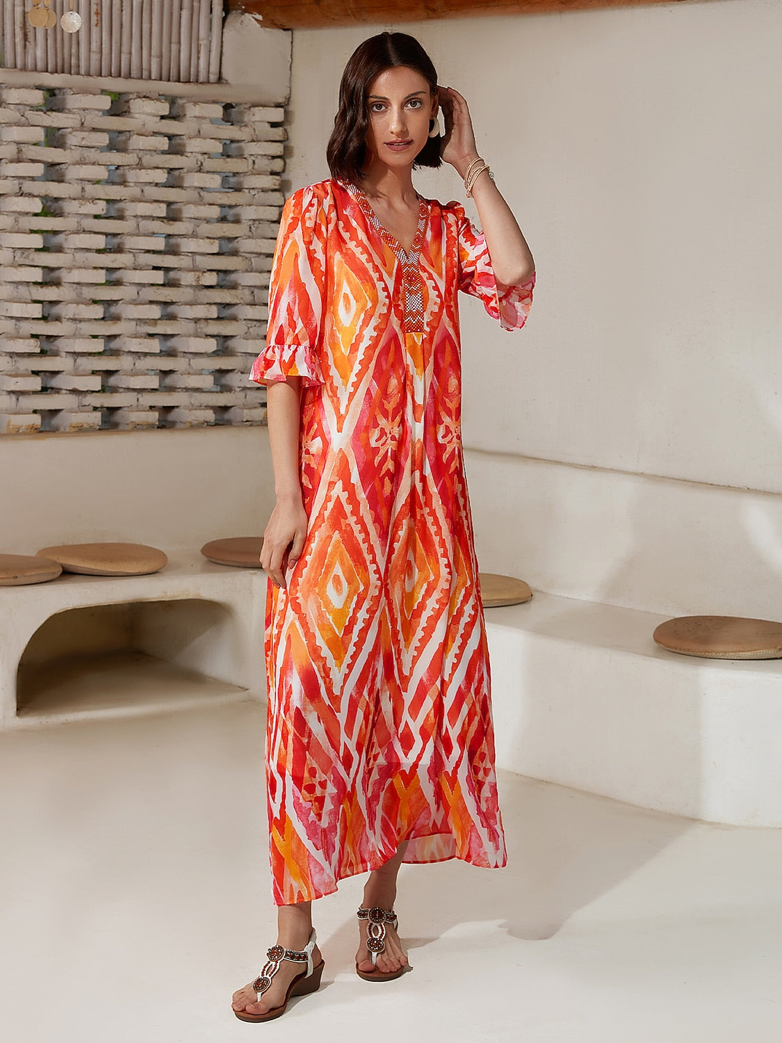 Chiffon Ethnic Print Midi Dress