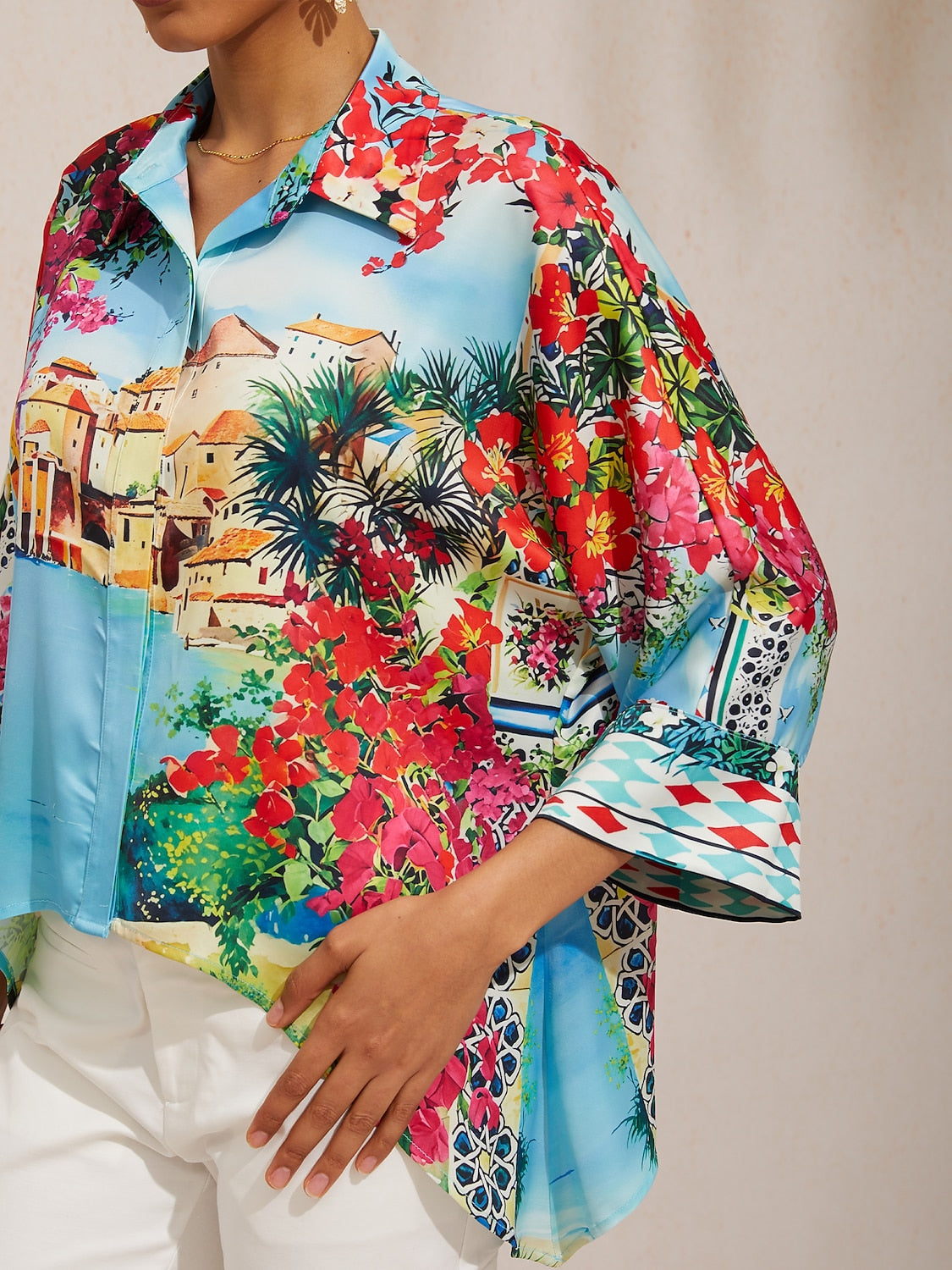 Mallorca Blossom Silky Satin Dolman Sleeve Top