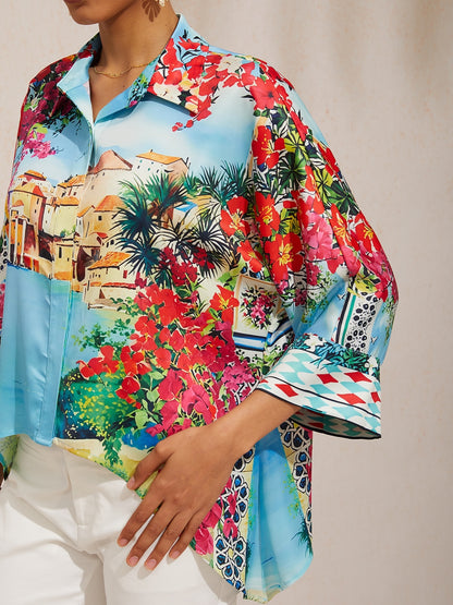 Mallorca Blossom Silky Satin Dolman Sleeve Top