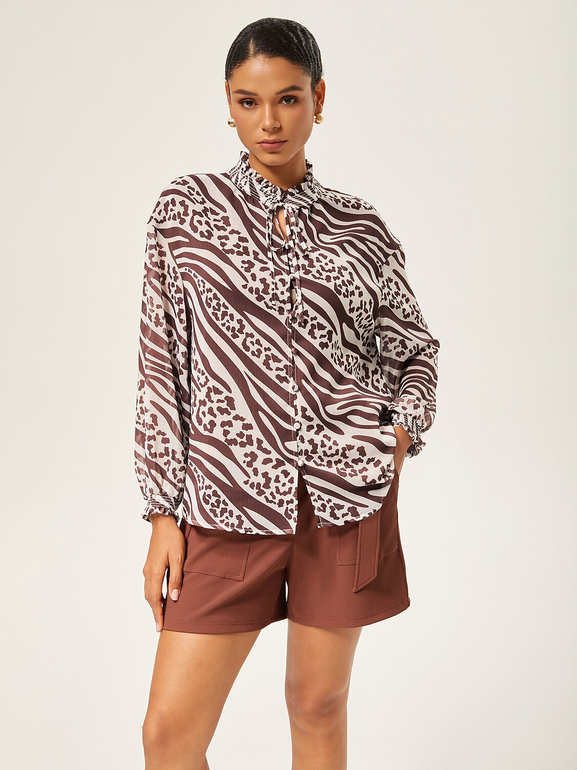 Animal Print Ruched Long Sleeve Pullover