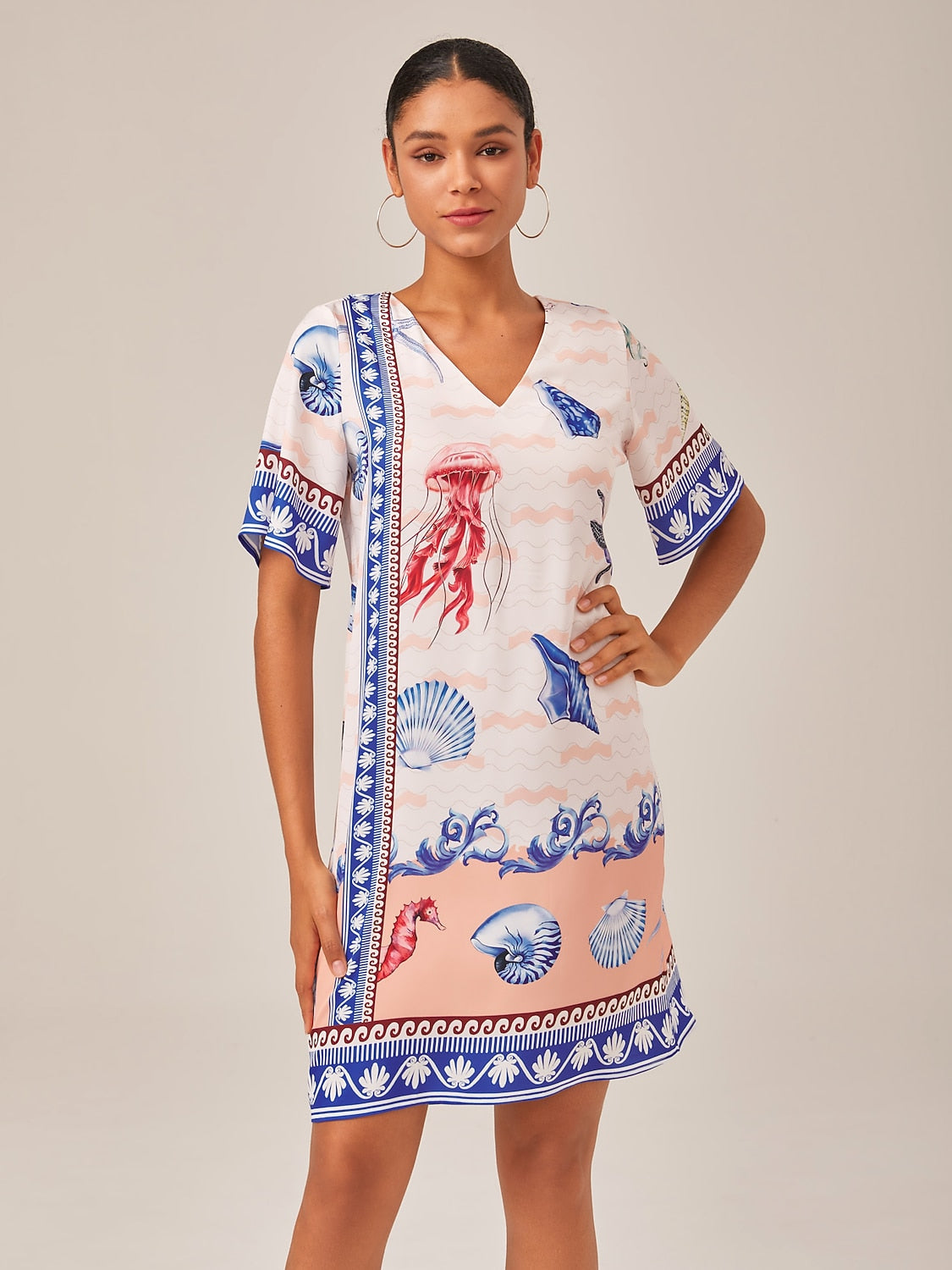 Resort-Style Ocean Print Straight-Cut Mini Dress