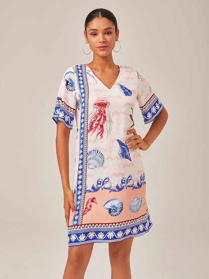 Resort-Style Ocean Print Straight-Cut Mini Dress