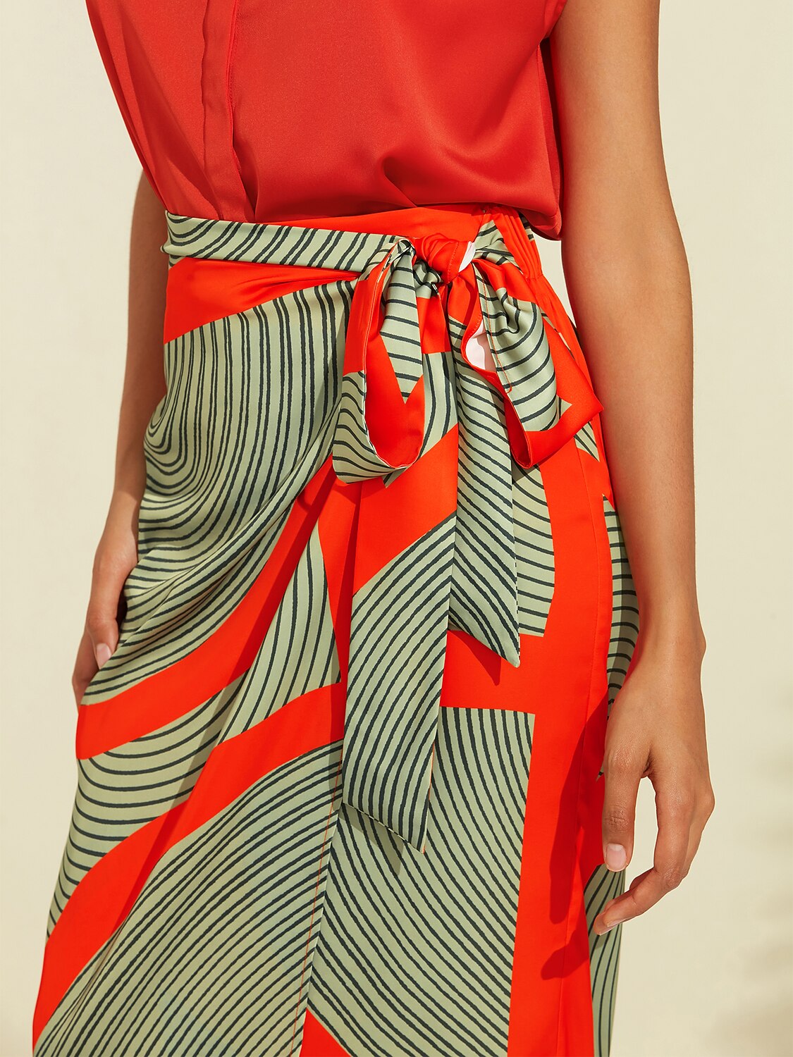 Satin Geometric Print Green Daily Casual Midi Skirt