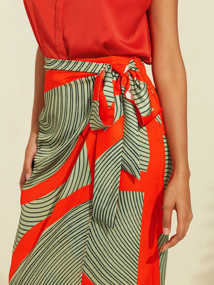 Satin Geometric Print Green Daily Casual Midi Skirt