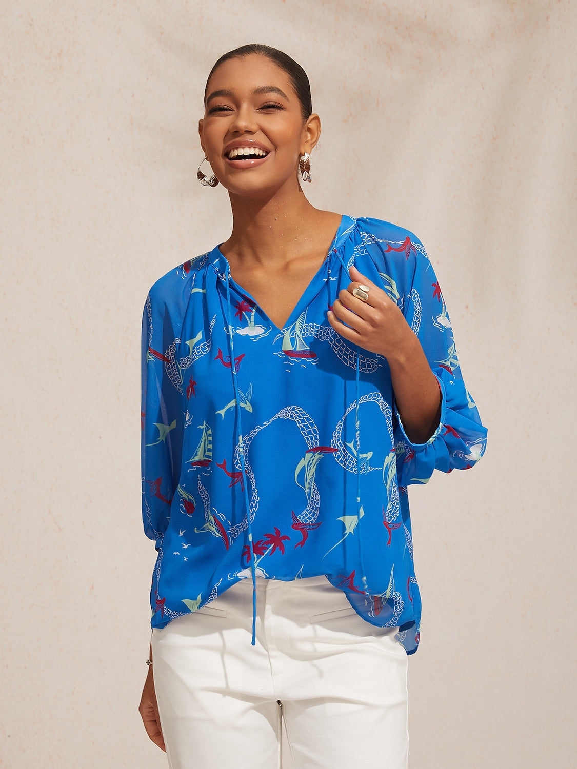 Vacation Ocean Elements Print Loose Chiffon Short Top