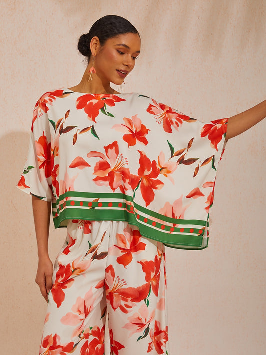 Vacation Color-Block Floral Dolman Sleeve Satin Top