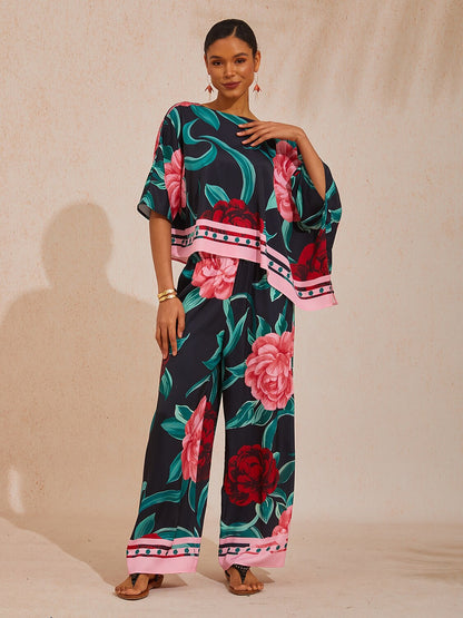 Vacation Contrast Color Artistic Floral Dolman Sleeve Satin Top