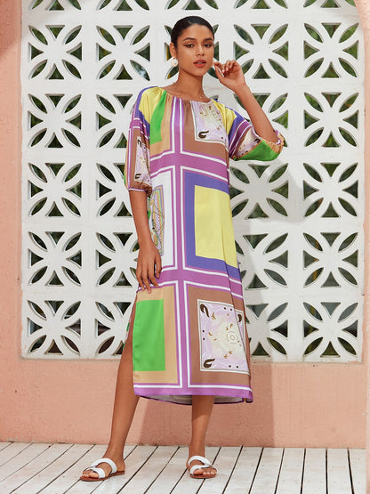 Satin Scarf Geometrical Print Midi Dress