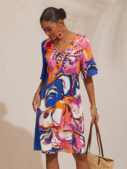 Vacation Artistic Floral Fitted Waist Satin Mini Dress