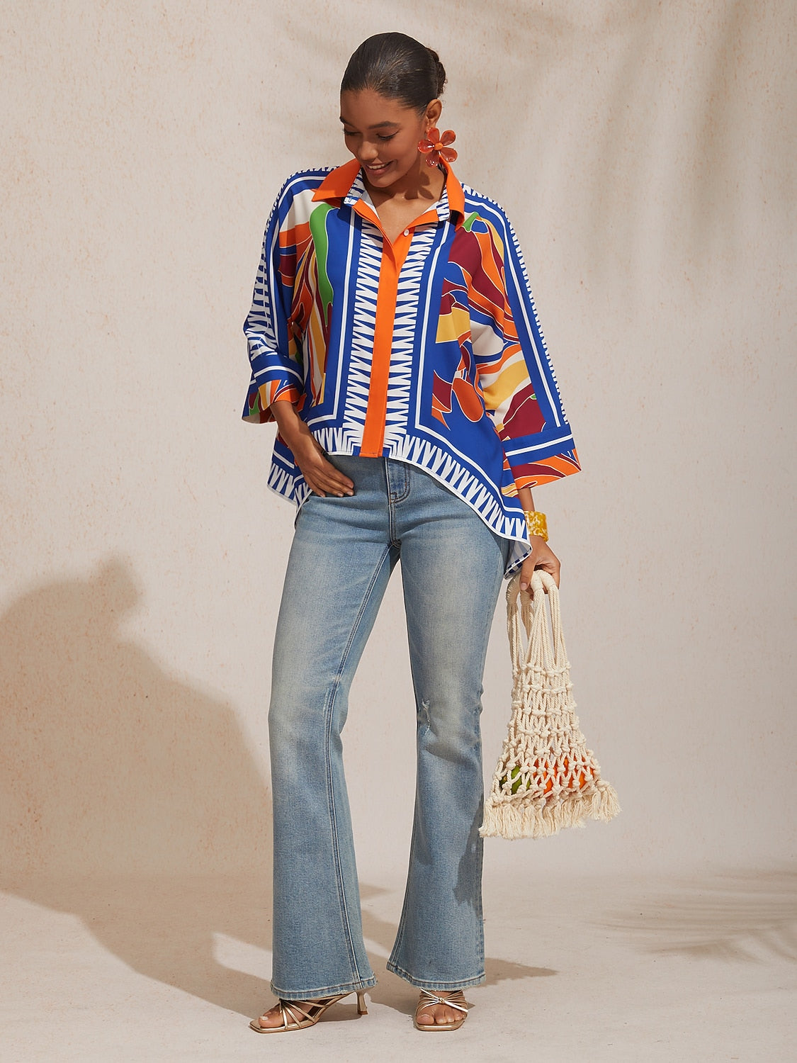 Vacation Geometric Color Block Print Batwing Sleeve Satin Short Shirt