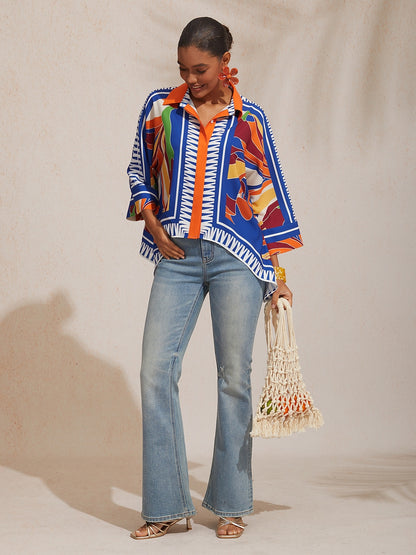 Vacation Geometric Color Block Print Batwing Sleeve Satin Short Shirt