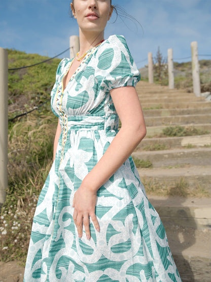 Puff Sleeve V Neck Maxi Dress