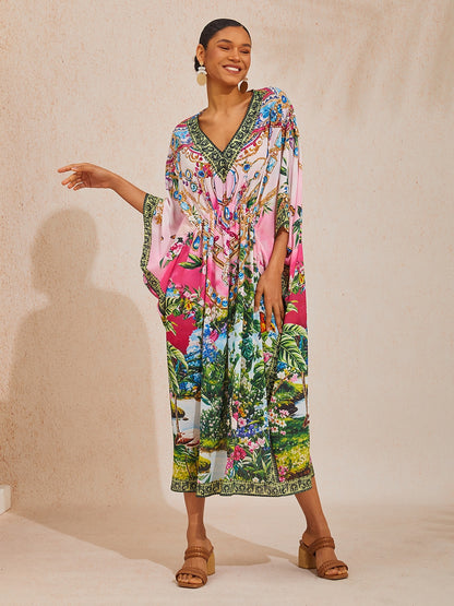 Vacation Floral Chain Print Dolman Sleeve Chiffon Maxi Dress