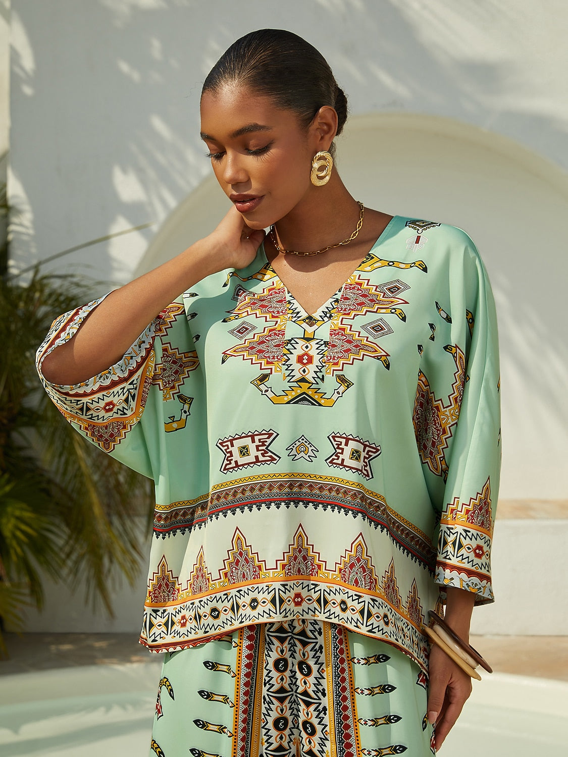 Vacation Vintage Geometric Print Satin Dolman Sleeve Short Top