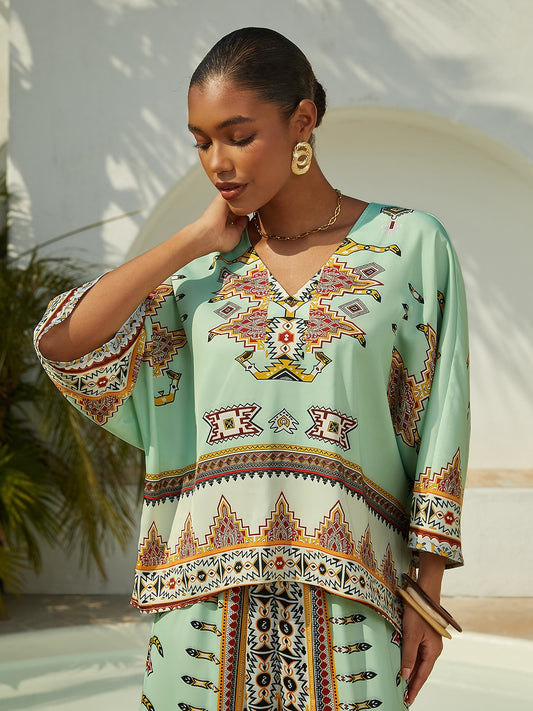 Vacation Vintage Geometric Print Satin Dolman Sleeve Short Top