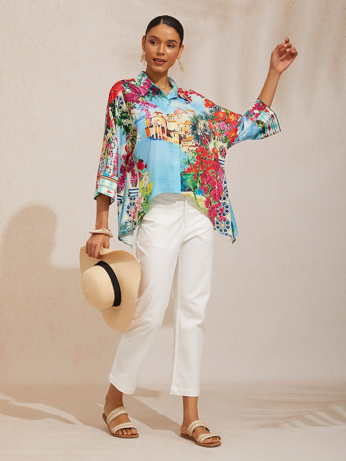 Mallorca Blossom Silky Satin Dolman Sleeve Top