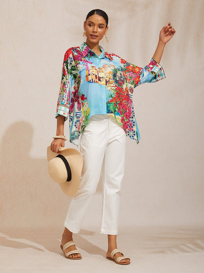 Mallorca Blossom Silky Satin Dolman Sleeve Top