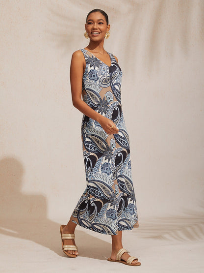Vacation Vintage Paisley Fitted High Stretch Knit Maxi Dress